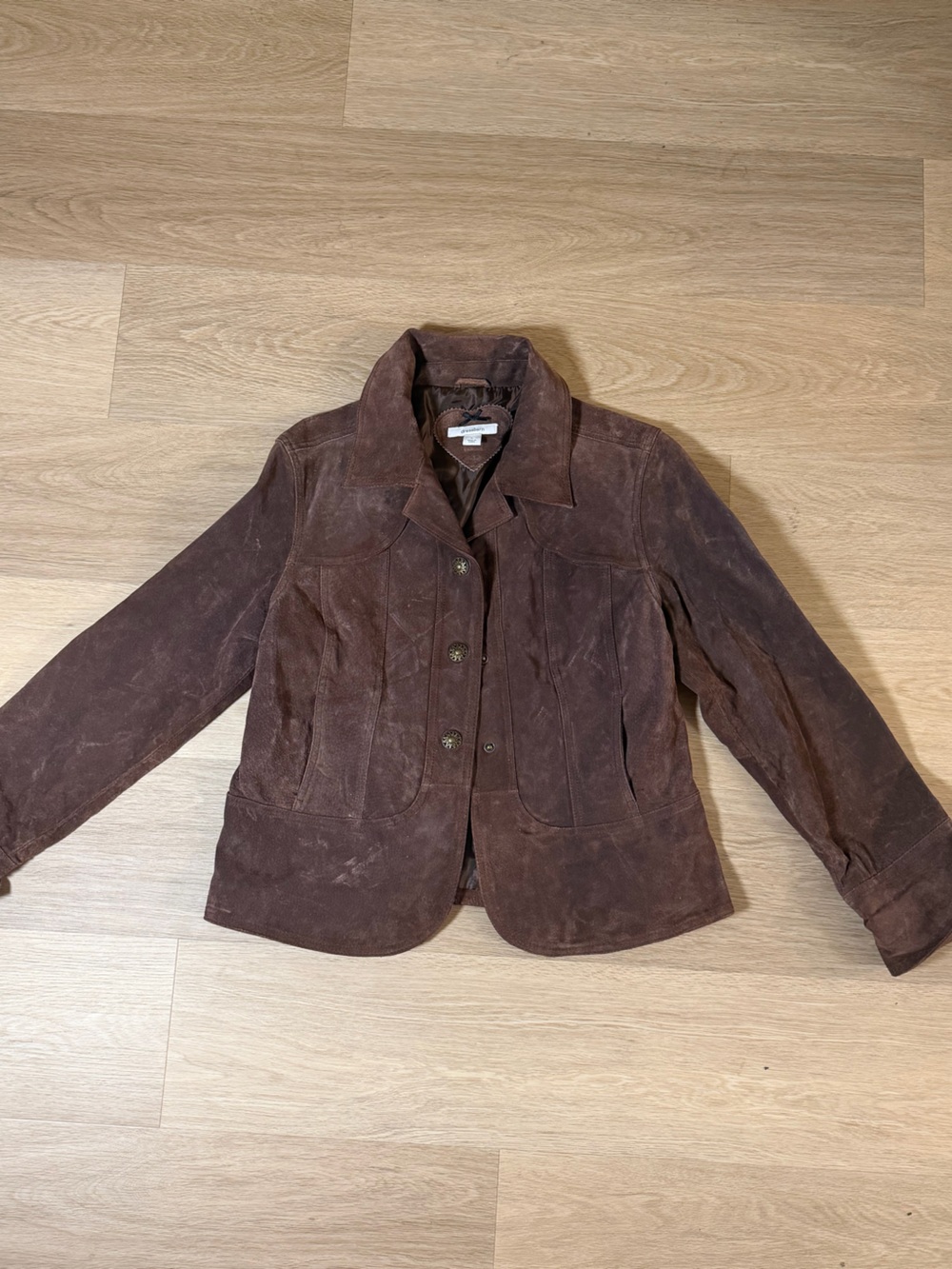 Vintage Dressbarn Brown 100% Suede Leather Western Sunburst Button Jacket L